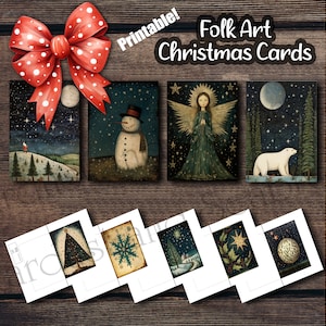 May include: A collection of printable Folk Art Christmas Cards. The cards feature illustrations of a snowman, angel, polar bear, Christmas tree, and other winter scenes. A red bow with white polka dots is in the upper left corner.