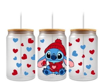 Valentine Alien Inspired Libbey Glass Cup | Cute Blue Alien Coffee Cup | 16oz Glass Can | Valentine Gift