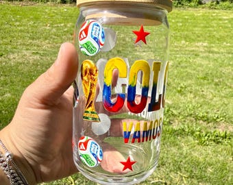 Colombia Soccer Glass Cup | World Cup 2026 Libby Cup | Colombia Futbol Fan Tumbler with Bamboo Lid | Colombian Soccer Gift | Custom Can Glas