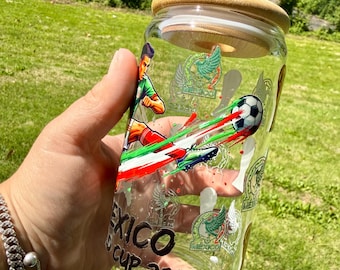 Mexico World Cup 2026 Glass Libby Cup | Soccer Fan Can Glass with Bamboo Lid | Futbol Tumbler | Custom Mexico Soccer Cup | Gift for Soccer L