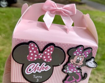 Caja de regalo de Minnie Mouse / Regalo personalizado para fiesta de Minnie Mouse / Caja de golosinas de Minnie rosa / Caja de regalo de cumpleaños personalizada / Decoración para fiesta de niñas