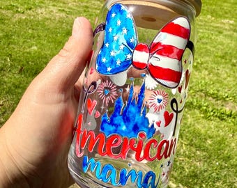 American Mama Glass Can Cup | Patriotic Disney Inspired Libbey Cup | 4th of July Tumbler | USA Bow Glass Cup | Red White Blue Coffee Cup