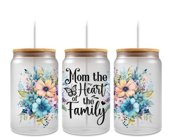 Mom the Heart of the Family Libbey Glass Cup | Mother’s Day Gift | Floral Glass Can | 16oz Iced Coffee Cup