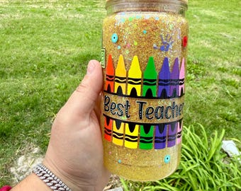 Best Teacher Glitter Libby Cup | Teacher Appreciation Gift | Crayon Glass Can Tumbler | Personalized Teacher Cup | 16oz Snow Globe Cup | Bac