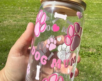 Dog Mom Glass Can Cup | Pink Paw Print Libbey Cup | Cute Dog Lover Iced Coffee Glass | 16oz Bamboo Lid Tumbler | Puppy Mom Gift
