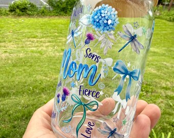 Boy Mom Glass Can Cup | 16oz Libby Cup with Bamboo Lid & Straw | Dragonfly Floral Tumbler | Blue Aesthetic Iced Coffee Cup | Gift for Moms