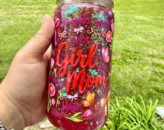 Girl Mom Glitter Libby Cup | Pink Snow Globe Tumbler | Mom Gift | Butterfly Floral Glass Can Cup | Personalized Mother’s Day Tumbler | 16oz