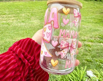 Personalized Mama Glass Can Cup | Custom Libby Cup with Bow | Cute Mom Iced Coffee Cup | Pink Coquette Glass Tumbler | Mother’s Day Gift