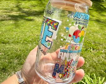 Autism Awareness Glass Cup 16oz | Autism Mom Cup | Autism Teacher Gift | In April We Wear Blue | Libbey Glass Cup w Lid & Straw
