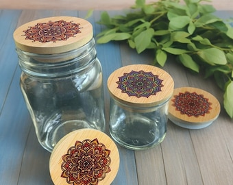 Decorative Jar Lids - Colorful Mandala Bamboo Jar Lids - for Food, Snacks, & Stash Set of 3