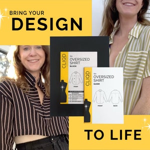 以下が含まれることがあります： オーバーサイズシャツの縫製パターンガイド2つ。1つは「ブロック」、もう1つは「ガイド」とラベル付けされています。ガイドは白黒で印刷されており、シャツの線画が描かれています。ガイドは、ストライプのシャツを着た人が持っています。「BRING YOUR DESIGN TO LIFE」というテキストが、黄色の背景に黒で印刷されています。