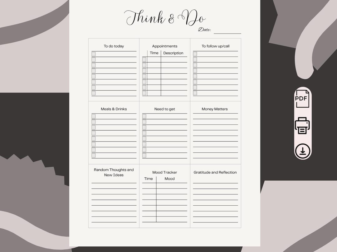 Think and Do Daily Planner Printable PDF: Productivity, Mood Tracker ...