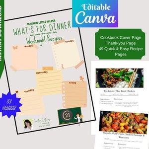May include: A printable planner for weeknight dinners with a blue starburst graphic and the text "52 PAGES!"  The planner has a colorful design with a title that reads "What's for Dinner? Weeknight Recipes".