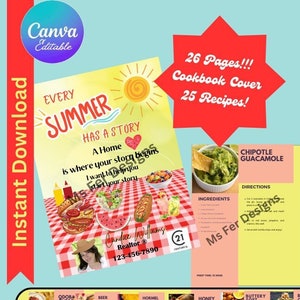 May include: A digital cookbook cover and recipe pages with a summer theme. The cover features text that reads "Every Summer Has a Story" and "26 Pages!!! Cookbook Cover 25 Recipes!". Recipes include guacamole, wings, and more.