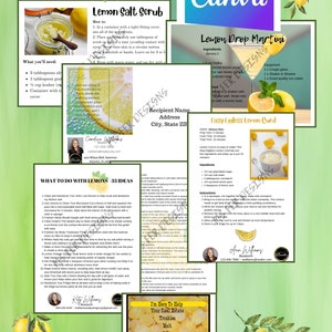 May include: A printable guide with tips and recipes for using lemons. The guide includes a lemon salt scrub recipe, a lemon drop martini recipe, and an easy eggless lemon curd recipe. The guide also includes a list of 33 ideas for using lemons.