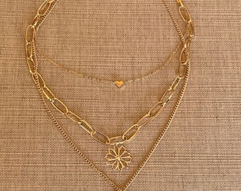 Vintage Zinc Alloy Chain Pendant, Multi-Layer Necklaces, Gold-Plated, With Lock & Heart and Flower