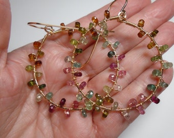 Tourmaline 14K Wire Wrapped Hoops, Multi Color Tourmaline X-tra Large Hoop Earrings, Rainbow Hoop, Handmade Earrings, October Birth Hoops