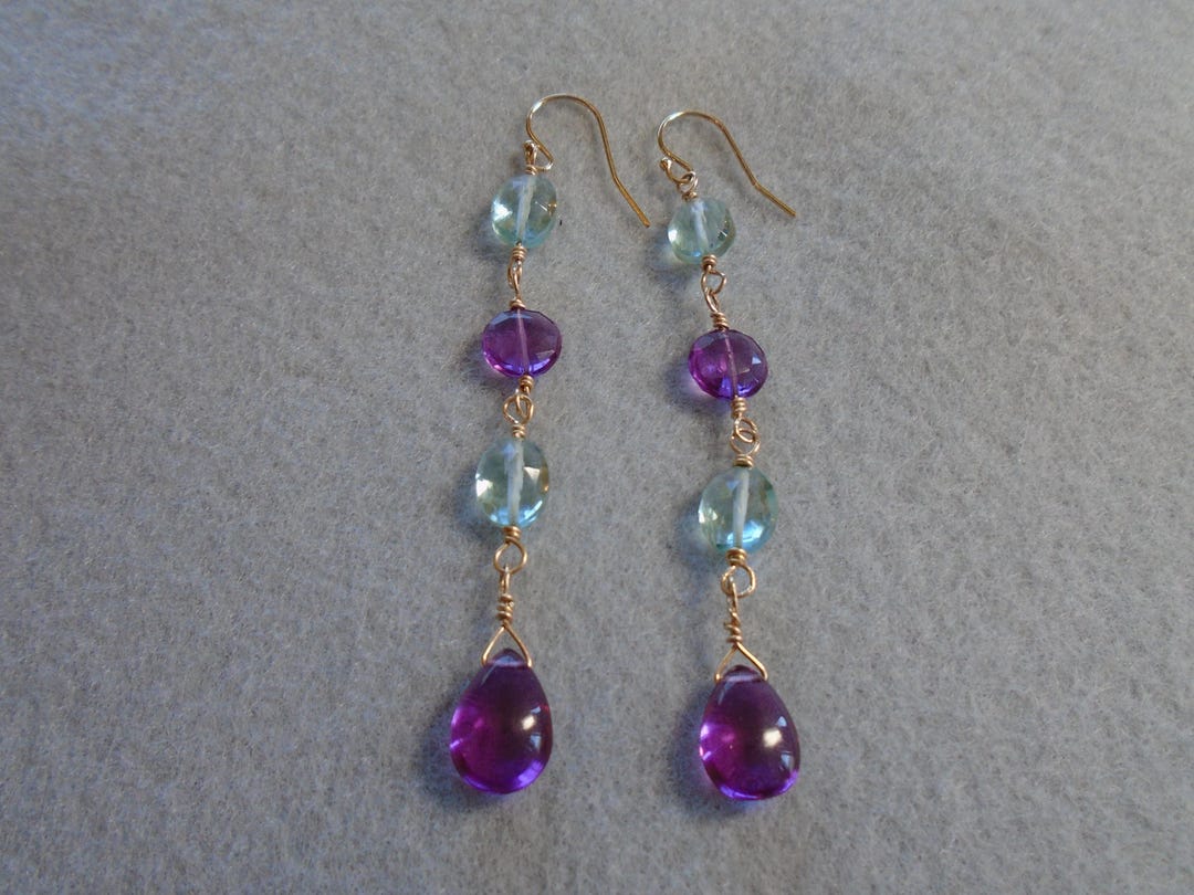 Pink Green Quartz Gold Earrings, Magenta Sea Green Quartz Earrings ...
