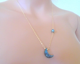 14K Labradorite Crescent Moon Necklace: Gold Boho Choker Necklace