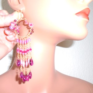 Wire Wrapped 14k GF Chandelier Earrings: Pink Topaz, Ruby & Pearl Flower