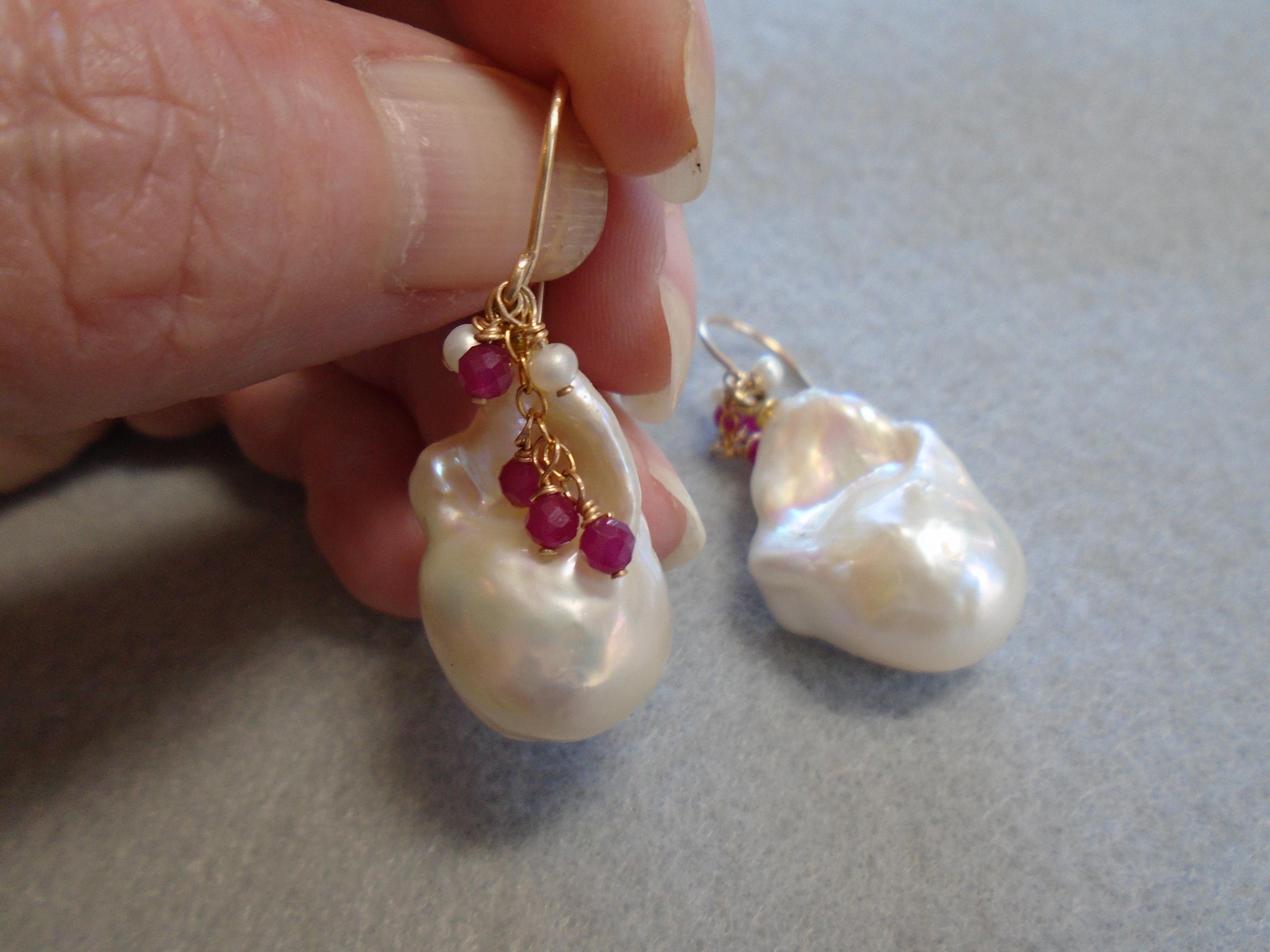 14K Gold Filled Organic Fireball Pearls Drop Earrings: Ruby Accent ...