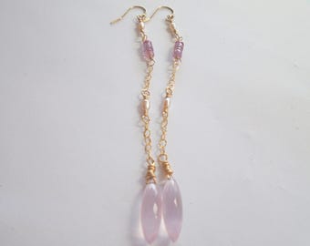 14k Gold Fill Rose Quartz Pink Sapphire Pearl Dangle Earrings, Light Pink Dainty Long