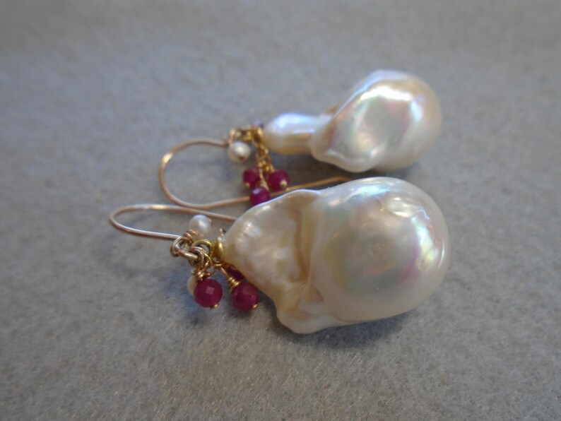 14K Gold Filled Organic Fireball Pearls Drop Earrings: Ruby Accent ...