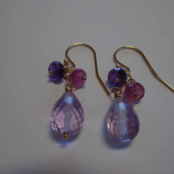 Pink Amethyst Gold Drop Earrings, Pink Topaz Amethyst Dangle Earrings, Handmade Gemstone Earrings, Spring Summer Colorful Earrings, Mother's