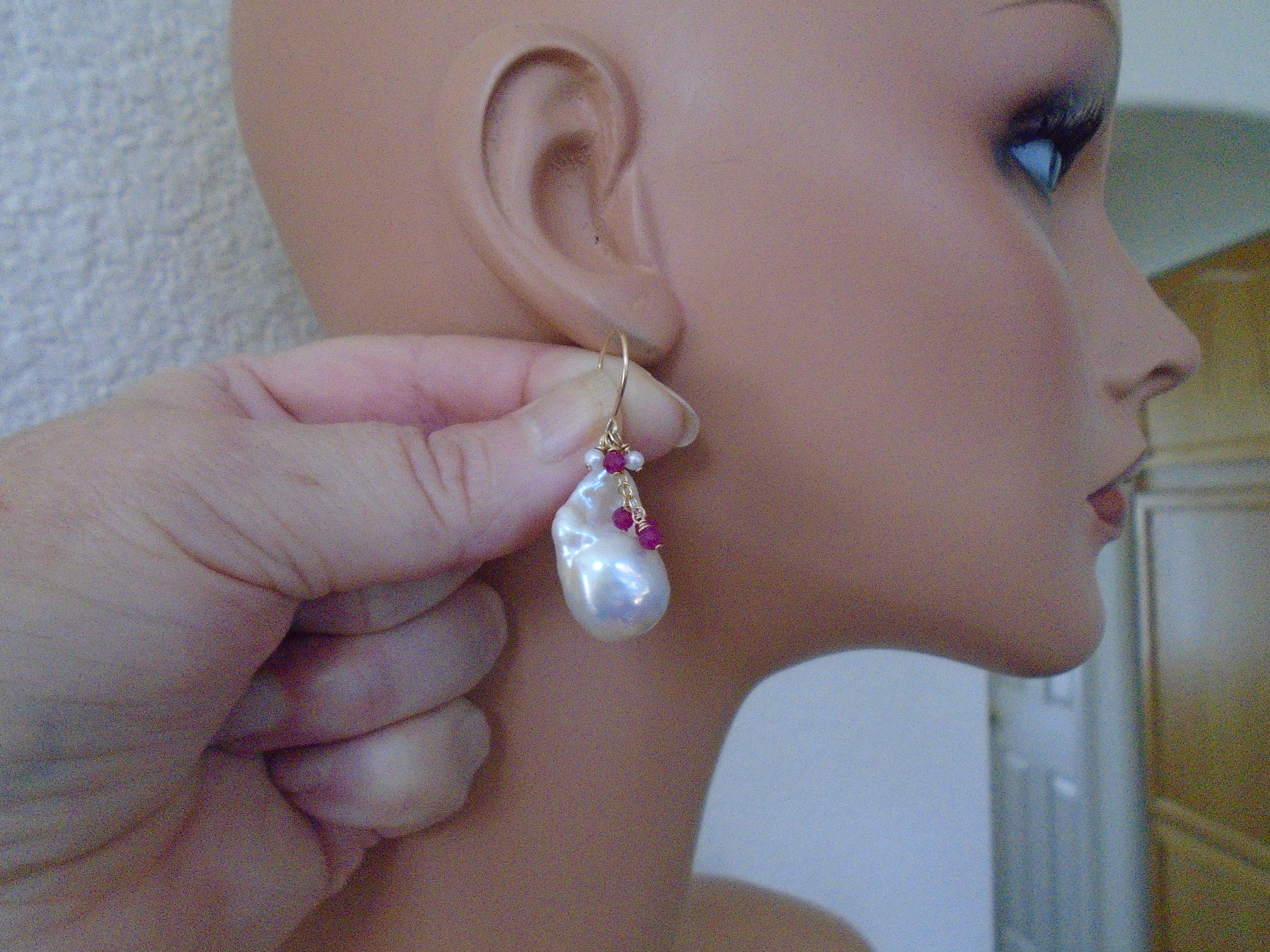 14K Gold Filled Organic Fireball Pearls Drop Earrings: Ruby Accent ...