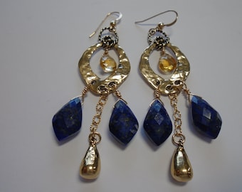 Lapis Lazuli Gold Chandelier Earrings, Gold Citrine Dangle Earrings, Bronze 14K GF Gem Earrings, Gift Her Goddess Gold Gems Chain Earrings,