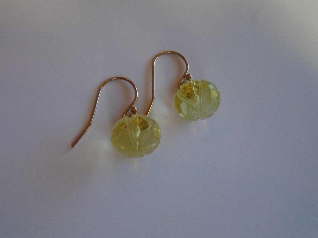 Lemon Quartz Gold Earrings, AAA Grade Micro Faceted Yellow Drop