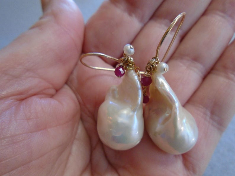 14K Gold Filled Organic Fireball Pearls Drop Earrings: Ruby Accent ...