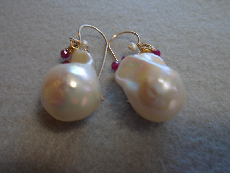 14K Gold Filled Organic Fireball Pearls Drop Earrings: Ruby Accent ...