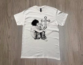 Anime Goth Cross Shirt, Dark Anime Graphic Tee, Gothic Streetwear Shirt, Y2K Emo Anime Tee, Unisex Black White T-Shirt