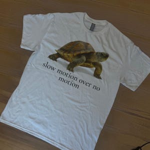 May include: White t-shirt with a tortoise illustration. The tortoise has a brown shell and green limbs. The text "slow motion over no motion" is printed below the tortoise in black font.