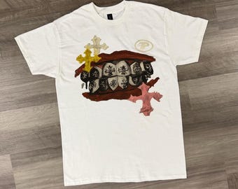 Grunge Streetwear Graphic Tee, Bold Mouth Art Shirt with Chrome Style Crosses, Urban Fashion Trap Aesthetic