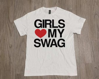 Girls Love My Swag Unisex Tee, Trendy Graphic T-Shirt, Streetwear Fashion, Y2K Aesthetics Top, Bold Statement Shirt, Red Heart Print Shirt