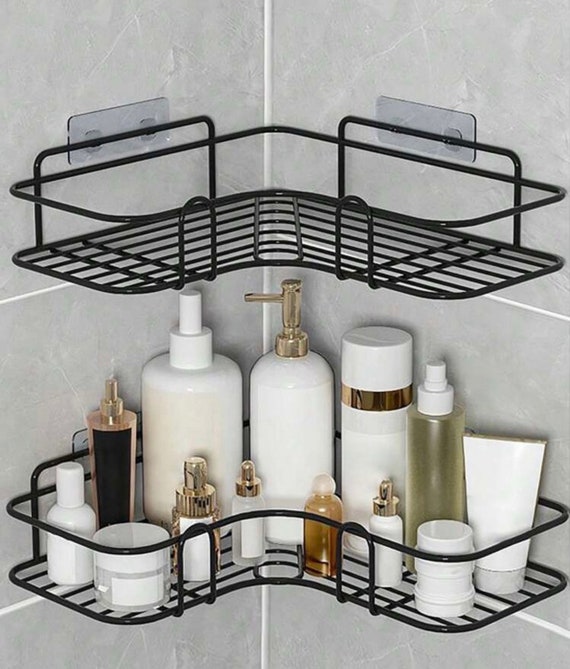 2 Pcs Adhesive Acrylic Corner Shower Caddy Shelf with Hooks Hollow Wall  Mounted No Drilling Clear Corner Shelf for Shower Kitchen Organizer