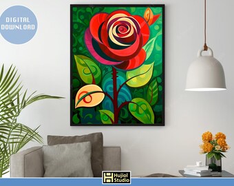 Arte de parede de flor de rosa vermelha digital e imprimível | Ilustração moderna com cores vibrantes, vermelho laranja | Decoração de casa e escritório aconchegante | Floral