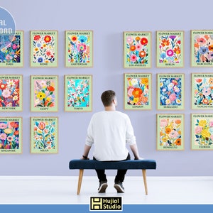 Flower Wall Art | Set of 16 | Flower Market Print | Botanical Prints | Floral Decor Posters | Gallery Wall Art | Digital Download | Retro