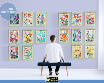 Flower Wall Art | Set of 16 | Flower Market Print | Botanical Prints | Floral Decor Posters | Gallery Wall Art | Digital Download | Retro