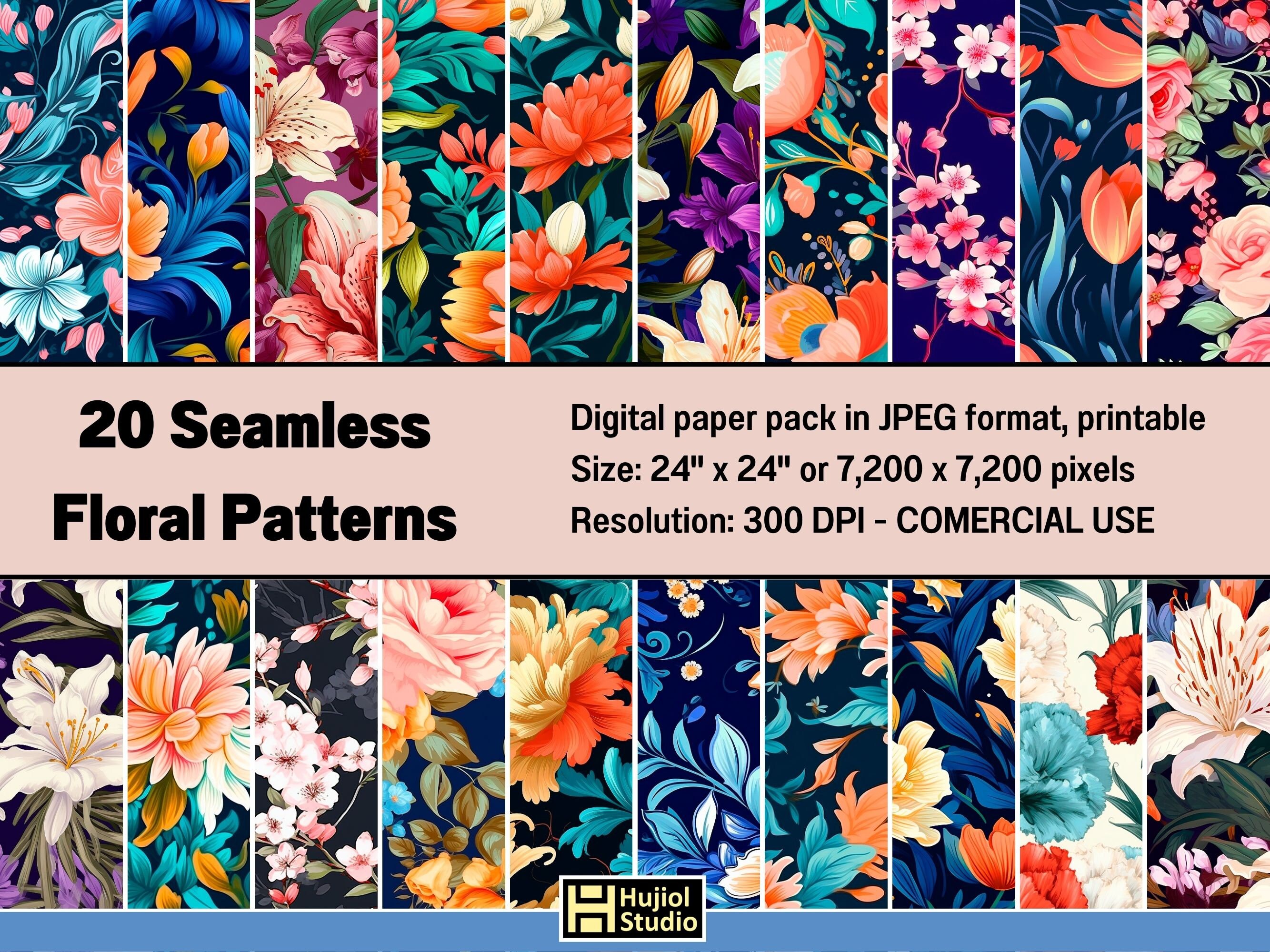 Floral Digital Paper Pack 2 | 20 Flowers Seamless Patterns Digital ...