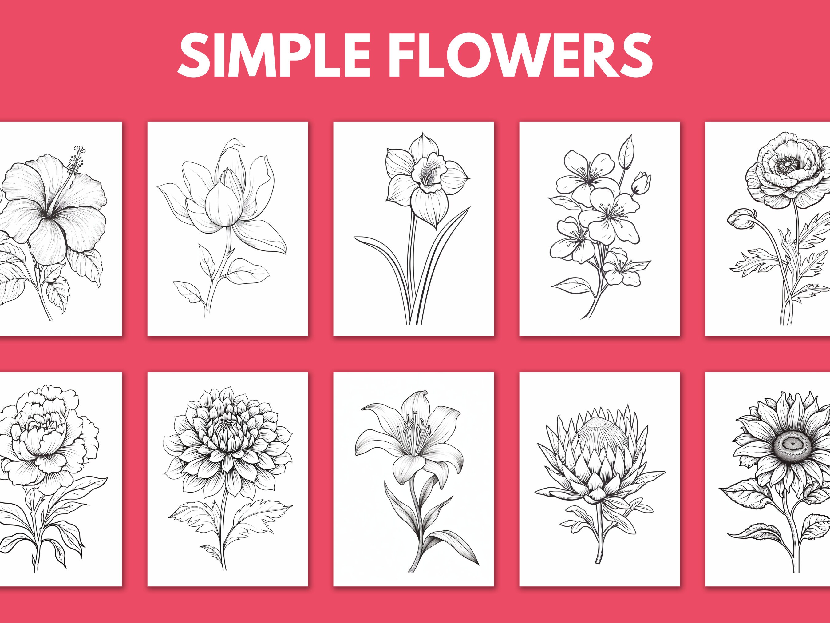 Floral Coloring Pages for Adults, Easy Flower Coloring Book, Realistic ...