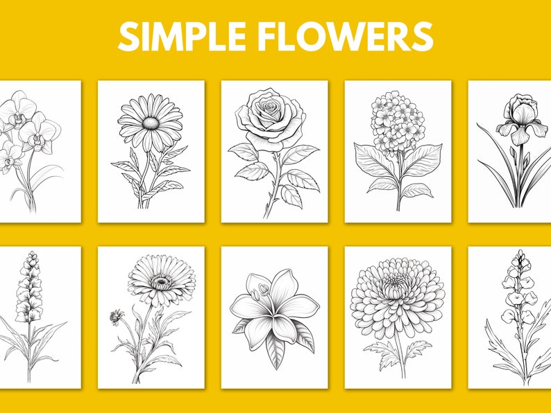 Floral Coloring Pages for Adults, Easy Flower Coloring Book, Realistic ...
