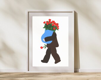 Un uomo con bouquet di rose, Flower Garden wall decor Stampa botanica, poster murale estetico, Arte minimalista, Download istantaneo Summer Digital