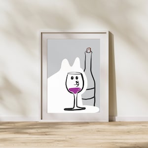 Lindo perro con copa de vino, decoración de la pared del bar de vinos, cartel de vino tinto, arte abstracto de la pared del vino, arte minimalista, impresión de decoración del bar, descarga digital