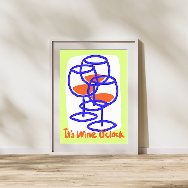 It's Wine O'clock, Wine Bar wall decor, Red Wine poster, Wine abstract wall art, Minimalistic art, Bar decor print, Digital download