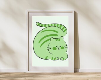 Poster Green Loaf Cat, regalo per gli amanti dei gatti, arredamento della parete della stanza dei bambini, arte della parete dell'illustrazione del gatto che ozia, arte del gatto minimalista, download digitale