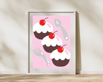 Pink Cupcakes wall decor, Cupcake cherry Wall poster, Blush kitchen wall decor, Brunch cafe poster, Minimalist wall art, Digital download