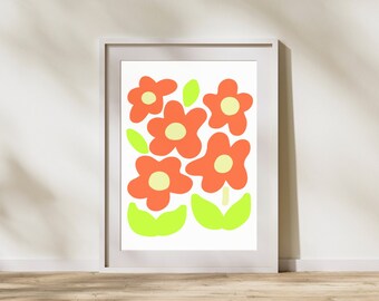Decorazione da parete Daisy Flower Garden, stampe botaniche, arte da parete Orange Daisy Flower, arte astratta minimalista, download istantaneo digitale estivo